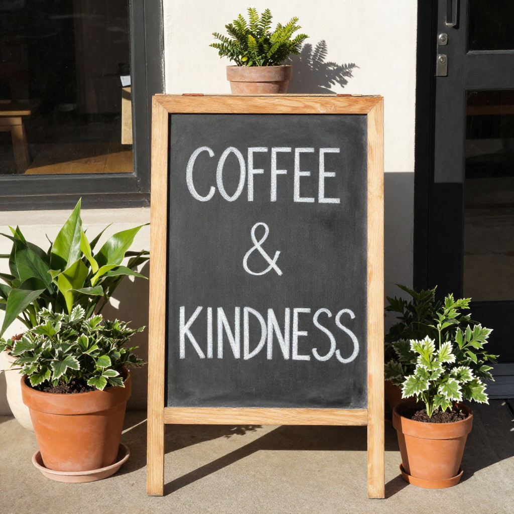 A storefront chalkboard sign that reads "COFFEE & KINDNESS", surrounded by potte