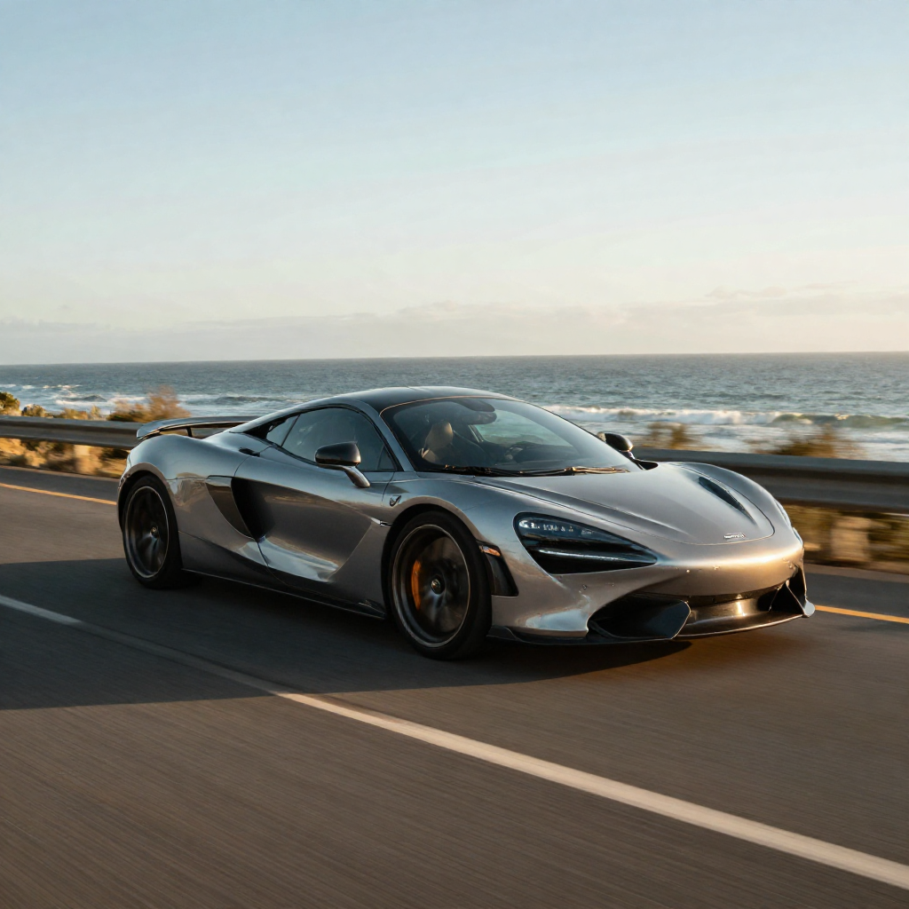 A sleek modern sports car on a coastal highway at golden hour, ocean in the back