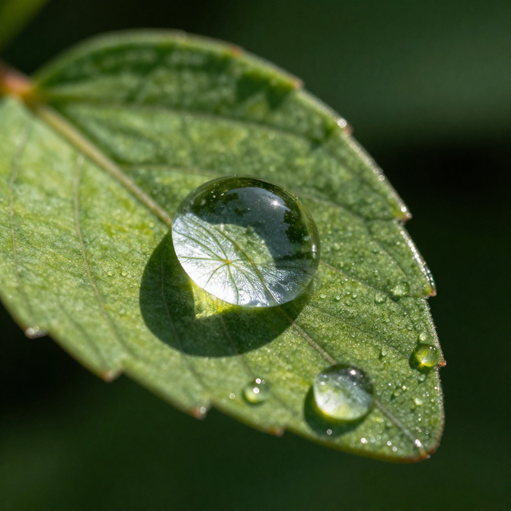 A macro shot of a dewdrop on a green leaf reflecting the morning sun, extreme de