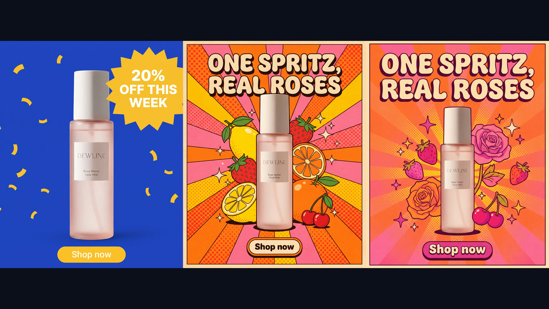 A sale ad remade around the product (left) and two Retro Pop posters from one template.